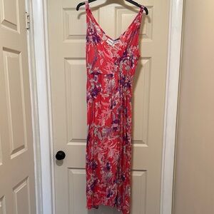 raya sun Coral Floral V-Neck Maxi Dress with Purple Accents